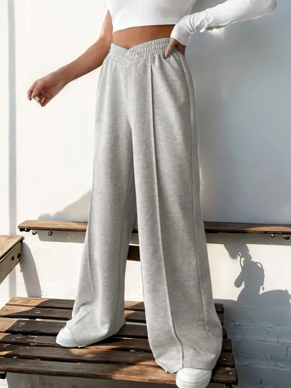 Elastic Waist Wide Leg Pants in Light Gray
