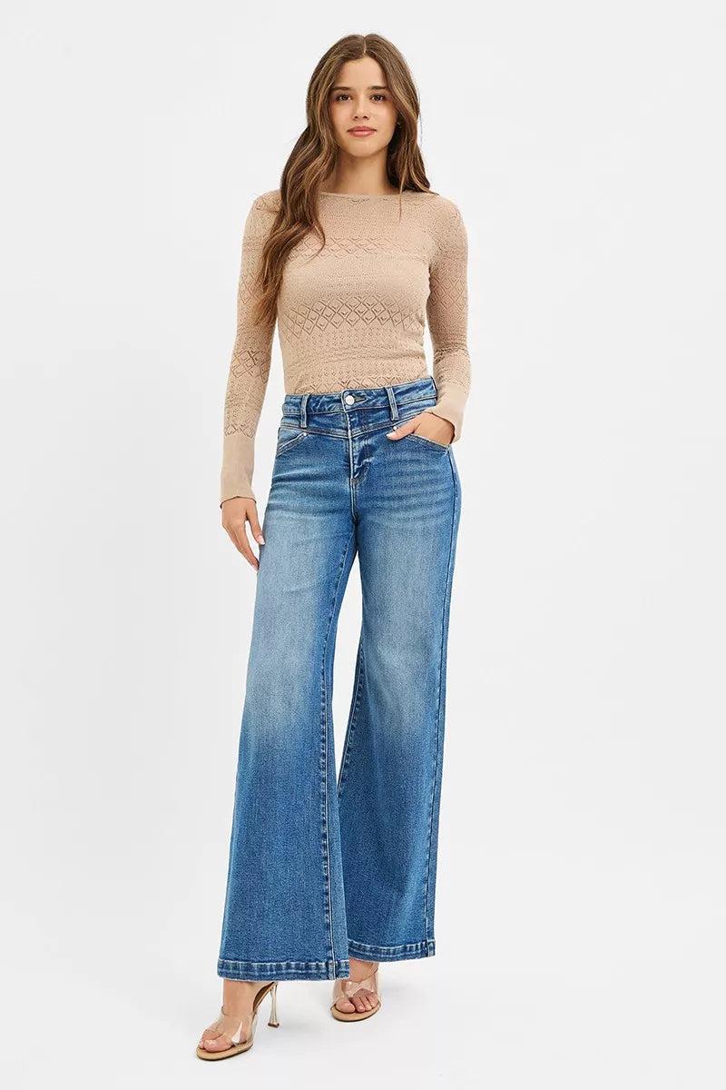 Risen High Rise Wide Leg Jeans with Heart Pocket in Medium Wash