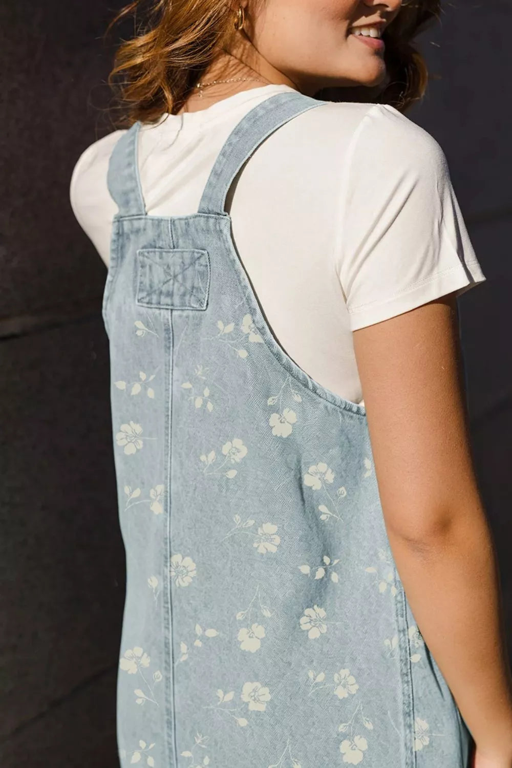 Floral Denim Overall Mini Dress in Light Blue