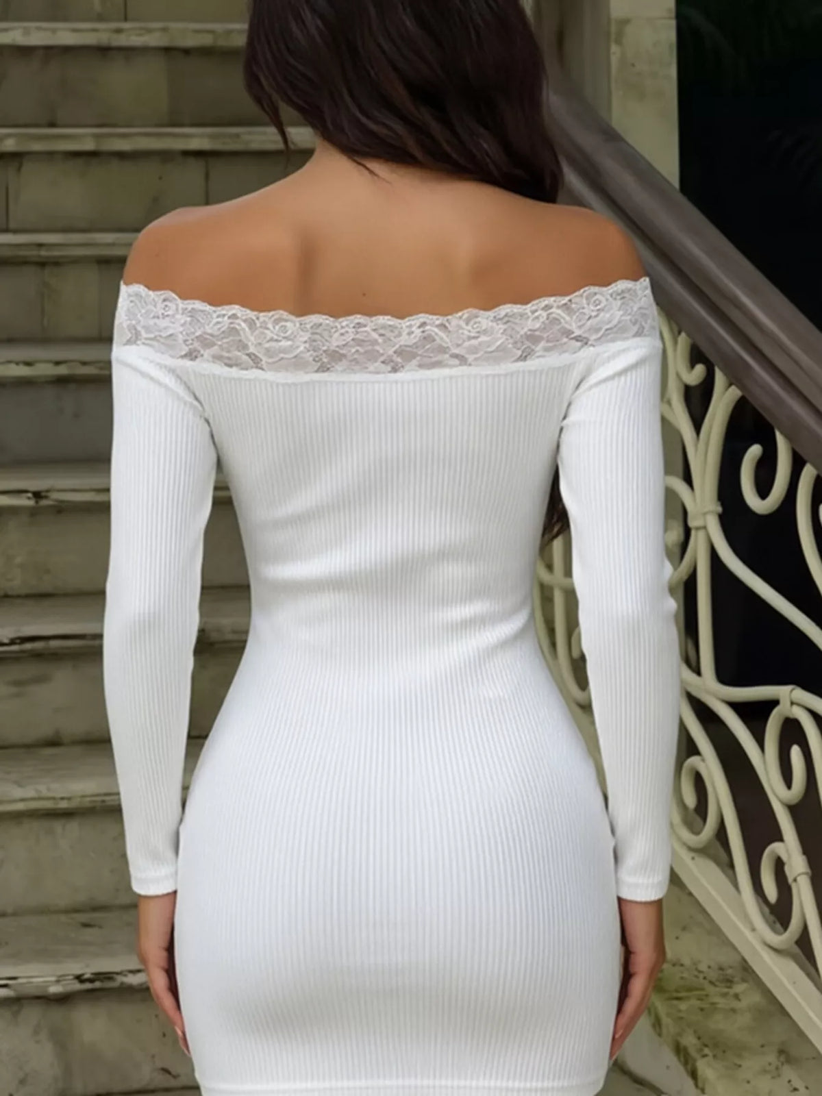 Lace Trim Off-Shoulder Bodycon Mini Dress in Off-White