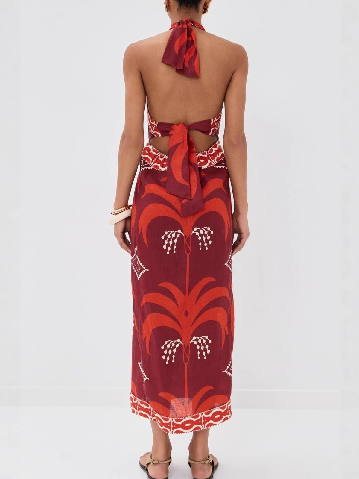 Tropical Print Halter Wrap Dress in Red