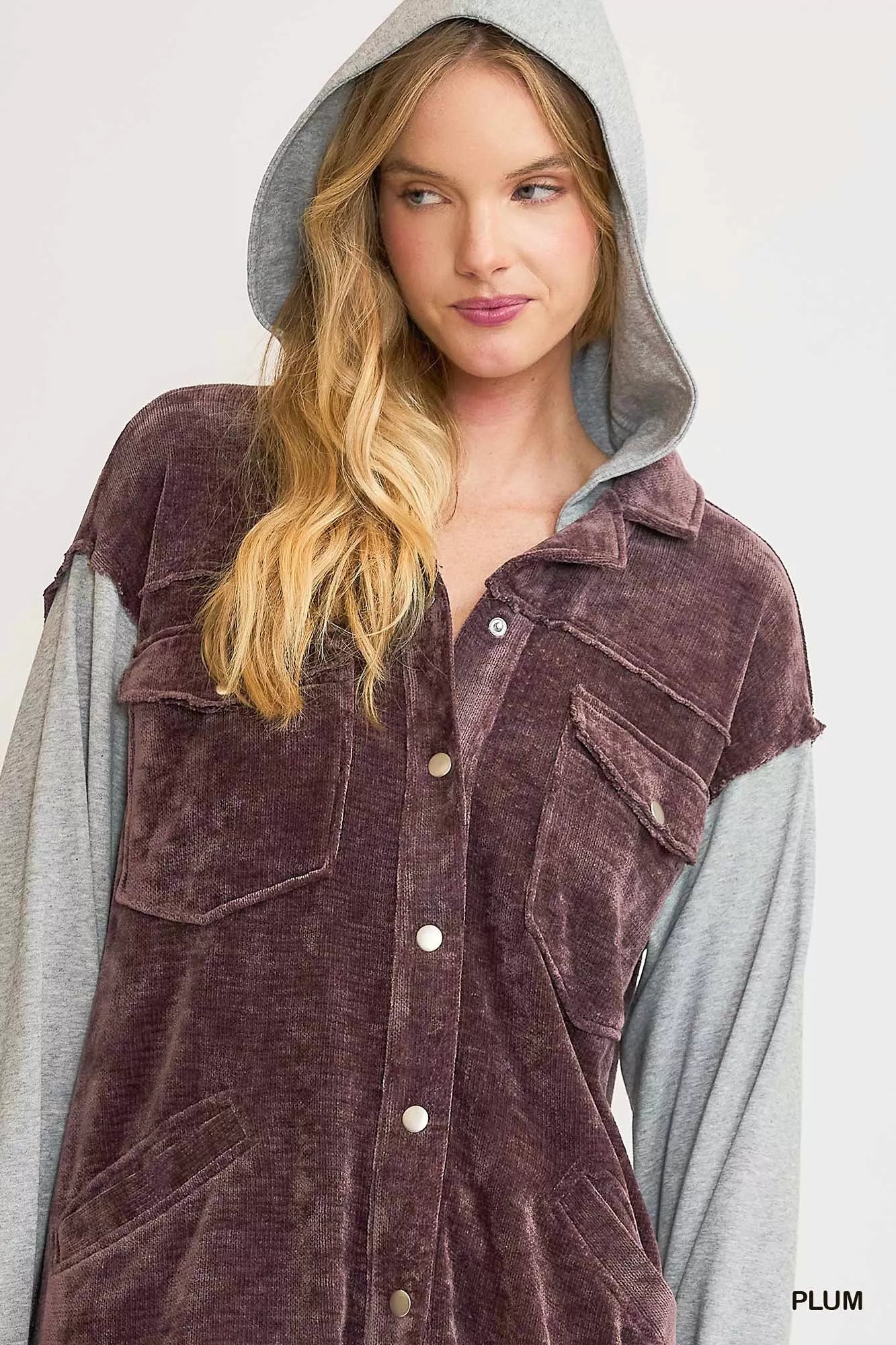 Umgee Hooded Chenille Jacket in Plum