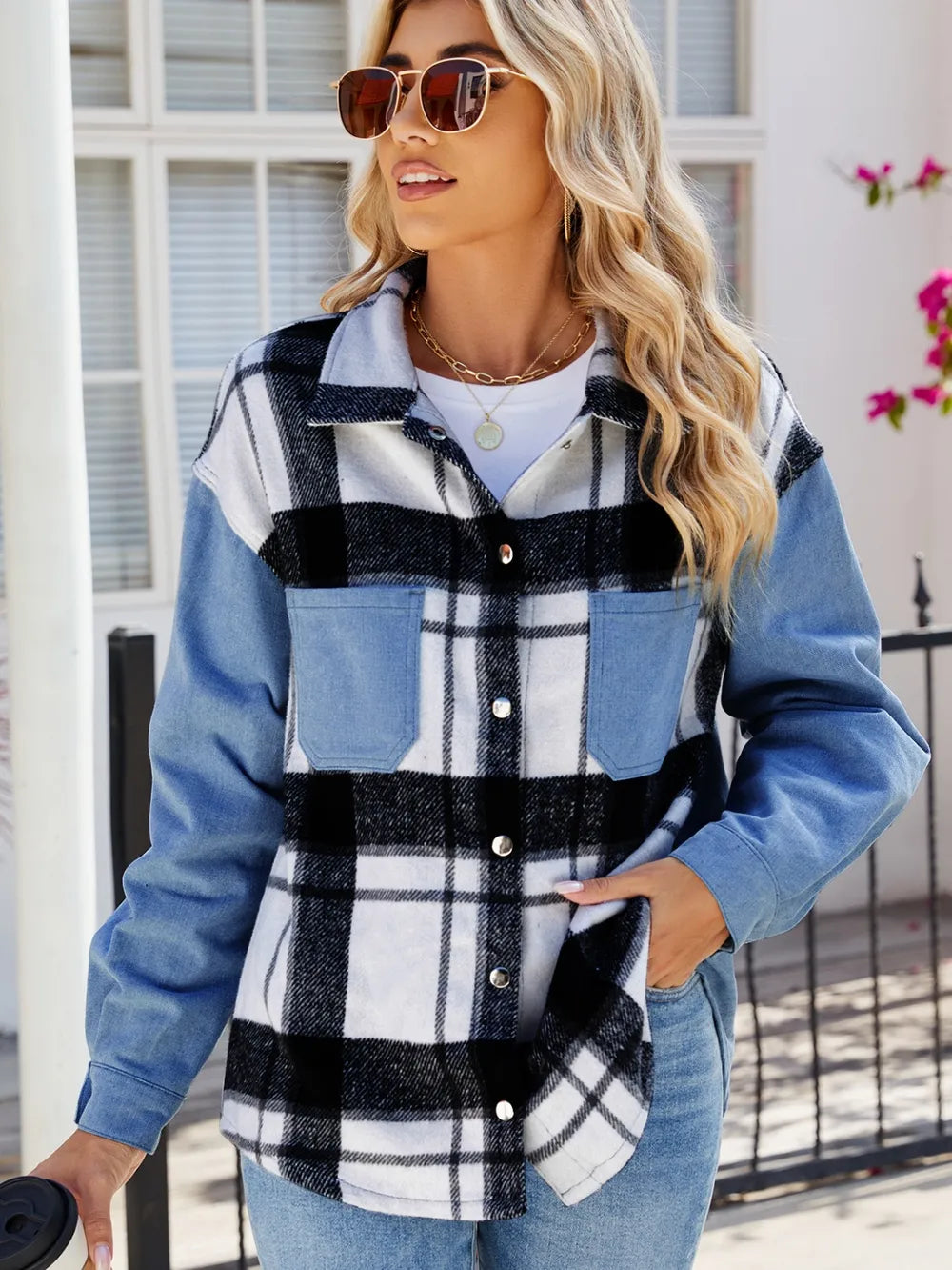Plaid Snap-Down Denim Jacket in Dusty Blue by Manny