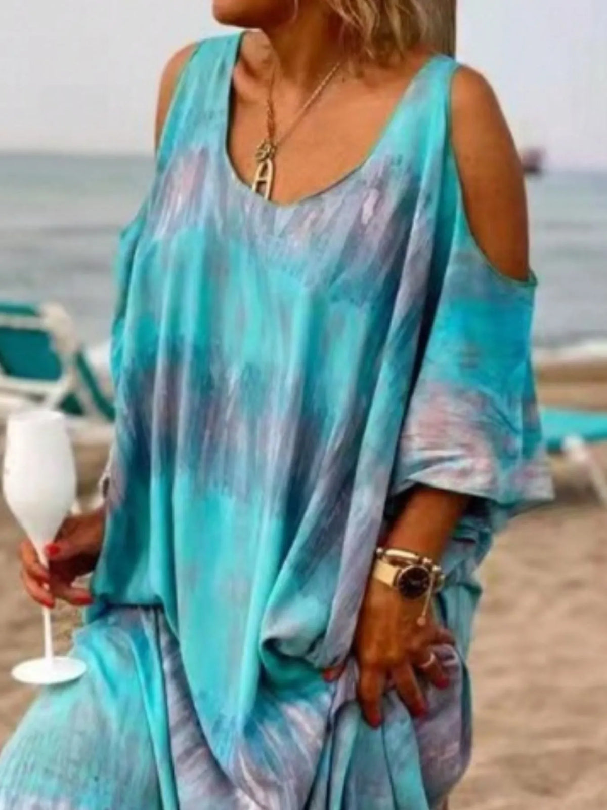 Tie-Dye Cold Shoulder Maxi Dress in Blue in Rx9916—blue