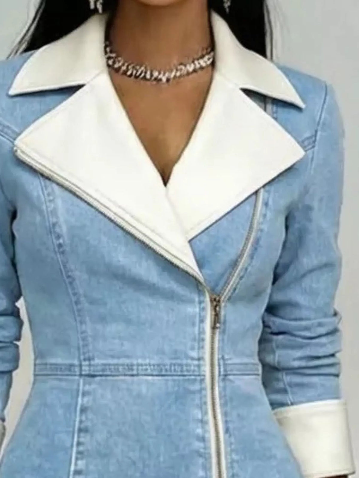 Contrast Lapel Zip-Front Denim Dress