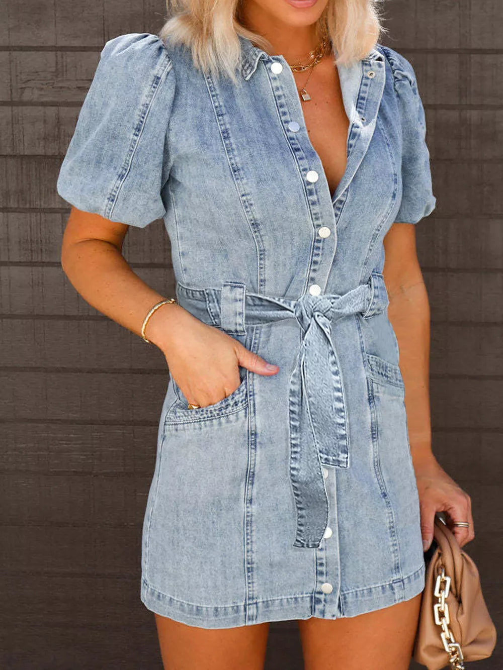 Medium Denim Puff Sleeve Mini Dress