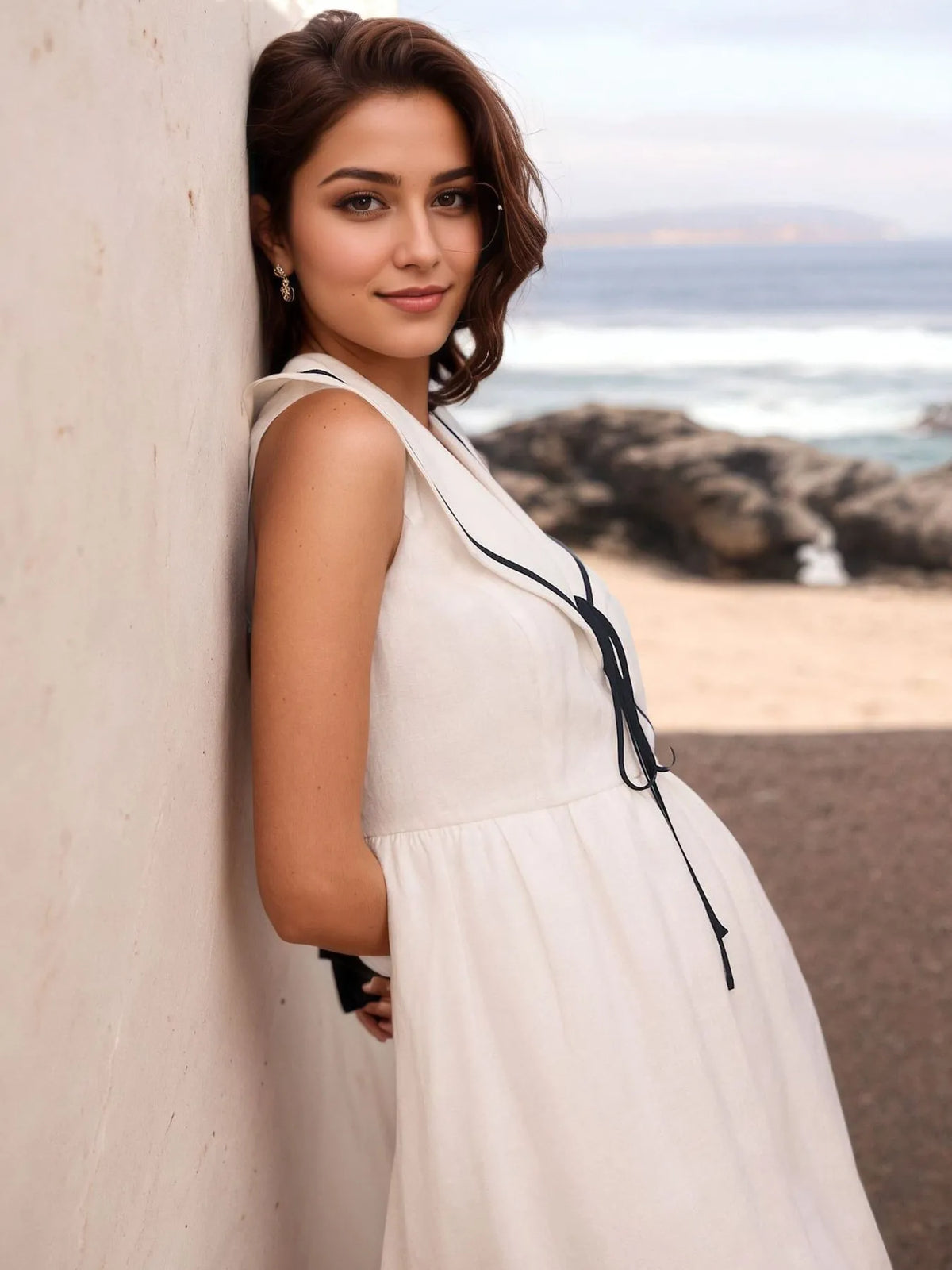 Nautical Contrast Trim Midi Dress in White