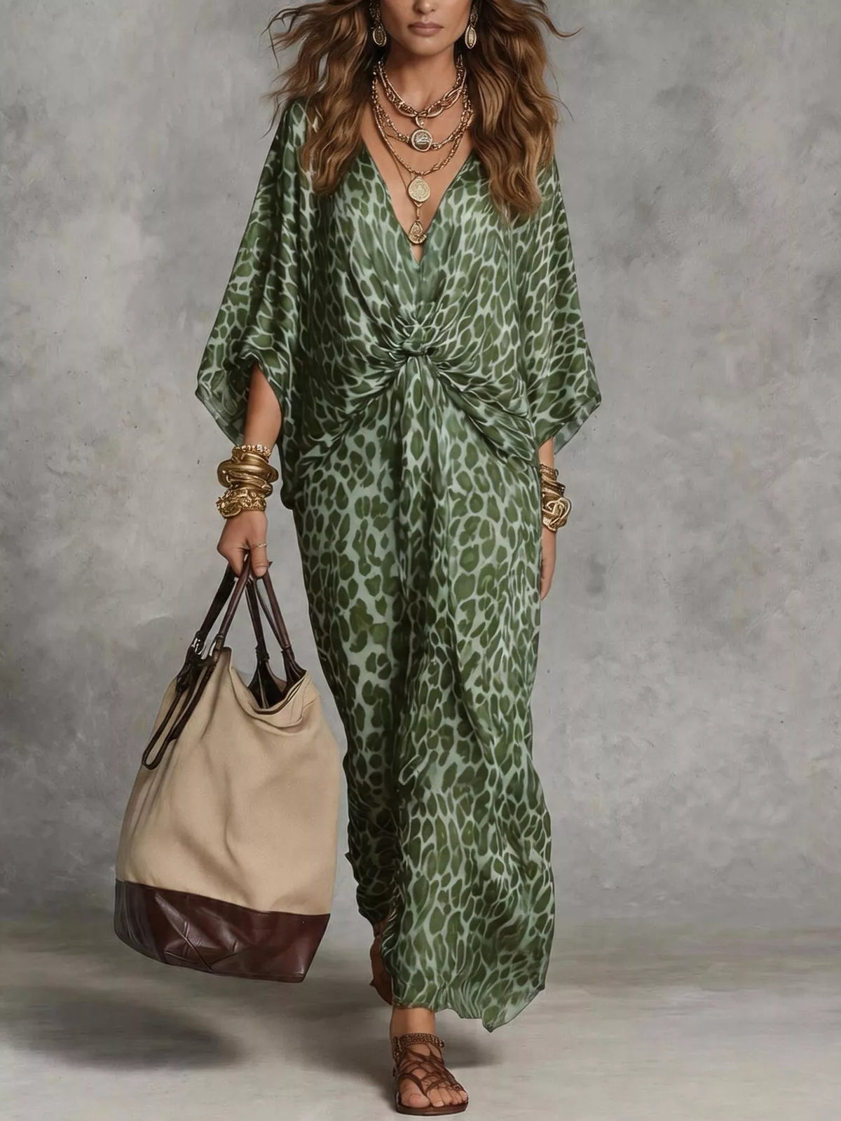 Leopard Print Twisted V-Neck Maxi Dress