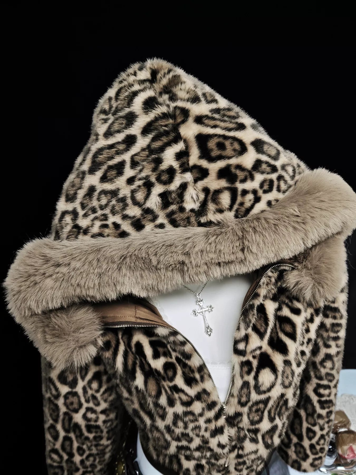 Leopard Faux Fur Hooded Jacket in Brown