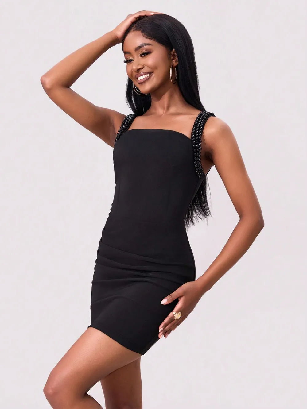 Bead Trim Wrap Dress in Black by Jubilair