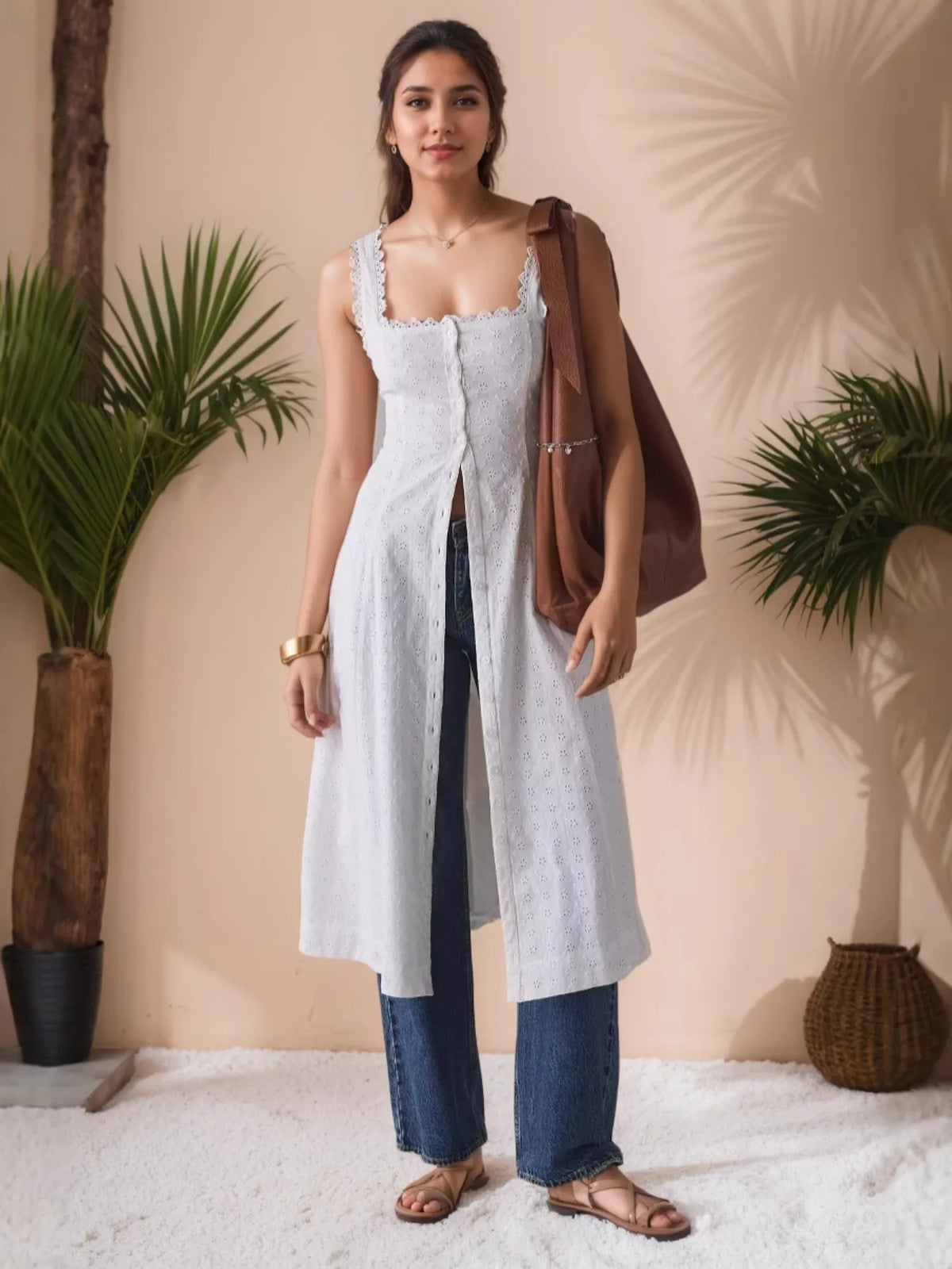 Lace-Trim Button-Front Square Neck Midi Dress in White