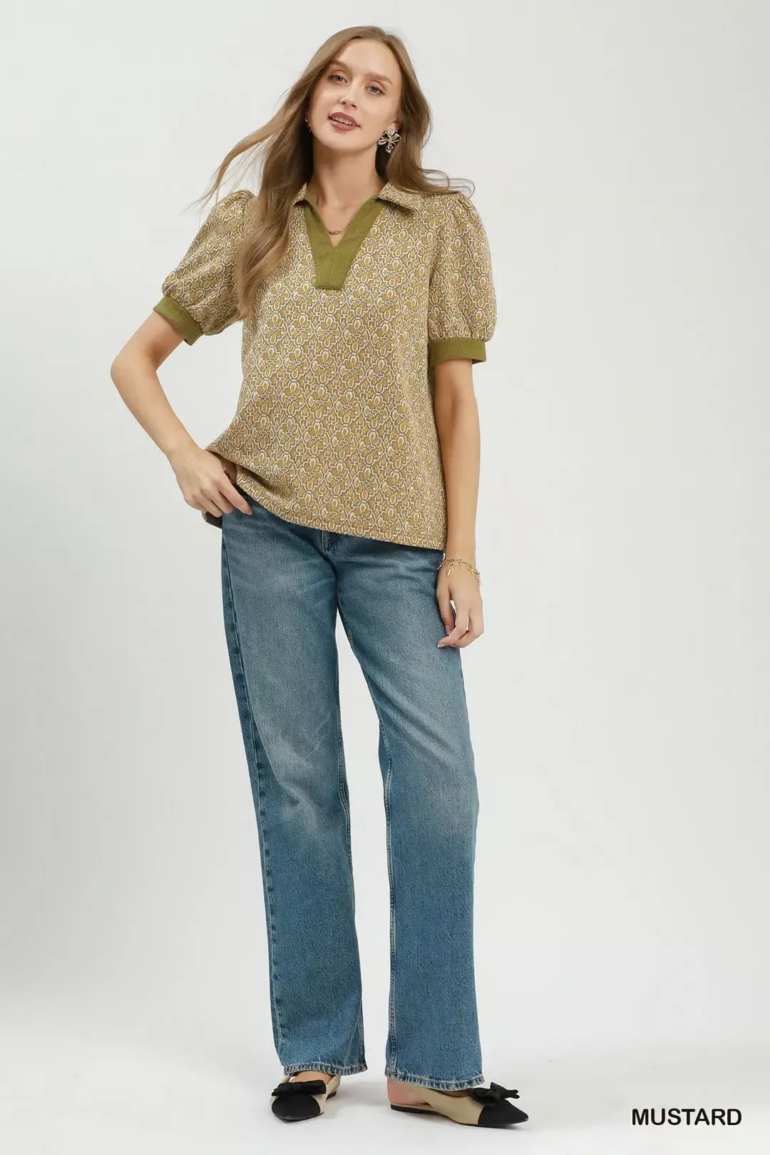 Umgee Printed Collared Puff Sleeve Top in Mustard