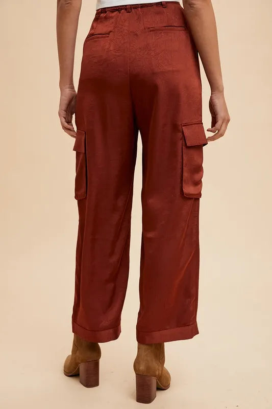 Annie Wear Wide Leg Cargo Satin Pants in Burgundy