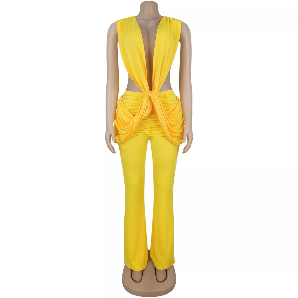 Deep V-Neck Knot-Front Flare Leg Jumpsuit