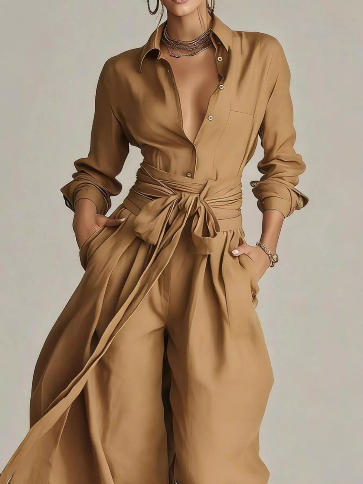Long-Sleeve Button-Down Waist-Tie Jumpsuit