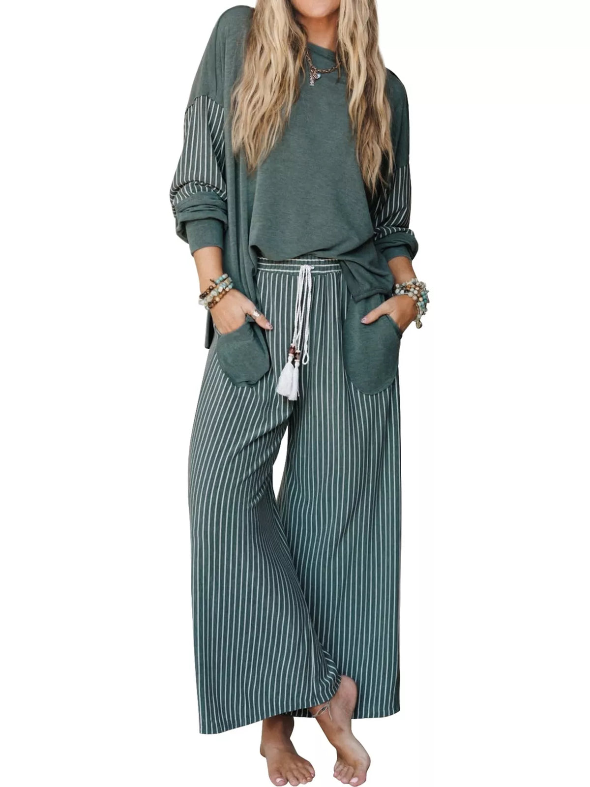 Striped Boat-Neck Top and Wide-Leg Pants Set