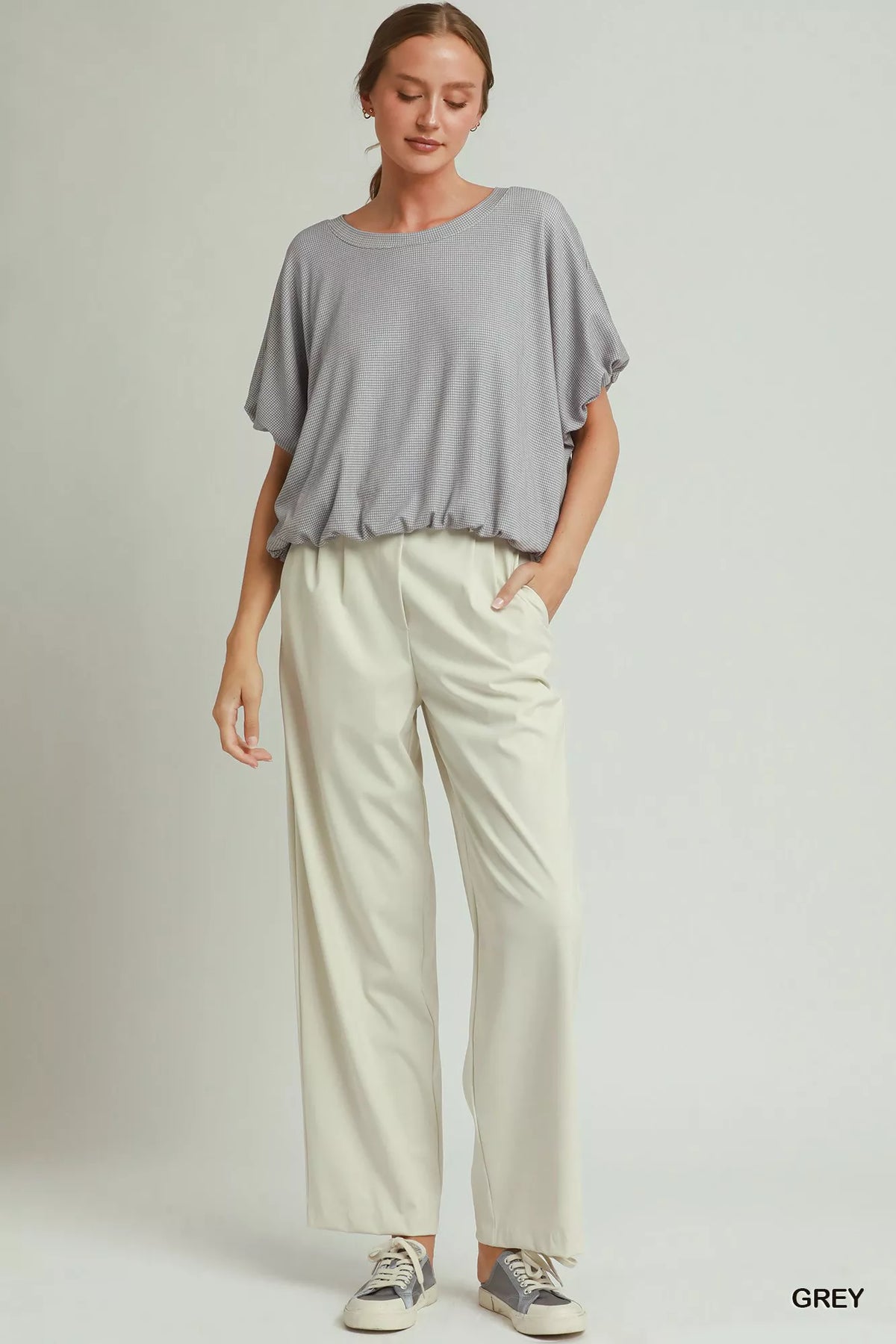 Umgee Checkered Bubble Hem Top in Grey