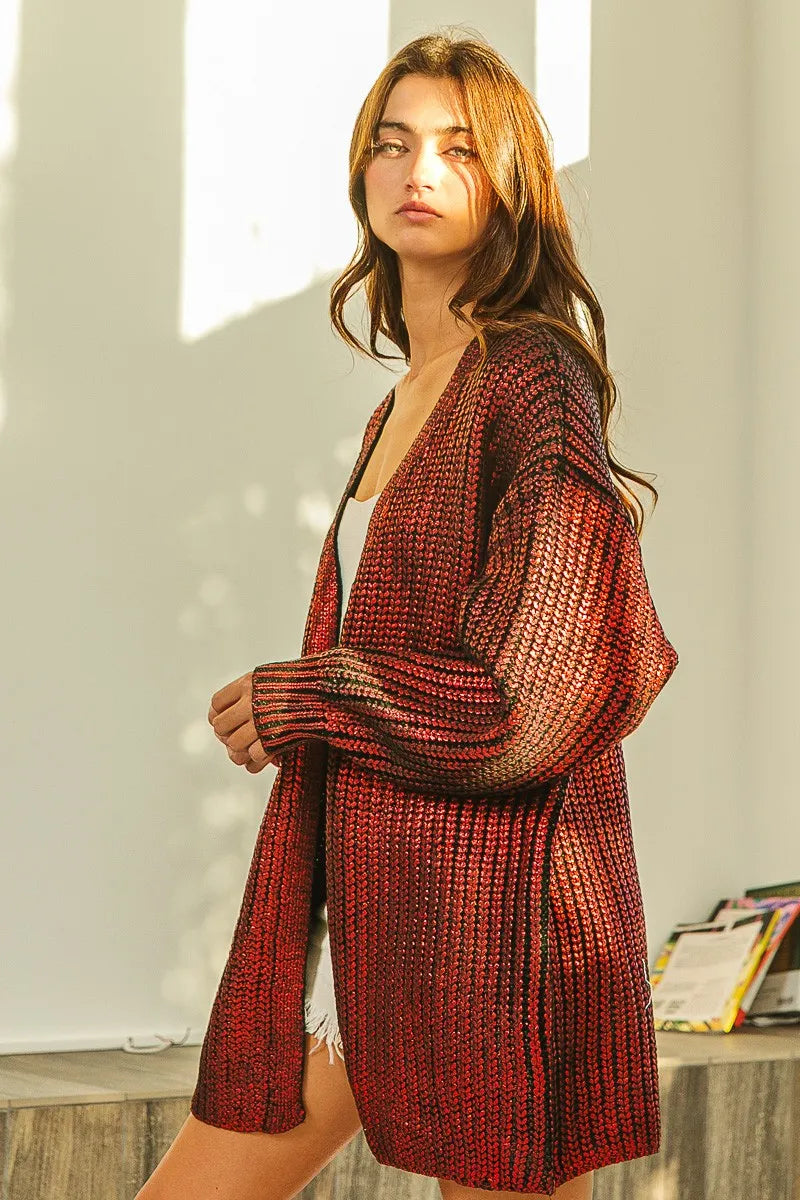 Metallic Open Front V-Neck Cardigan in Burnt Orange by BiBi