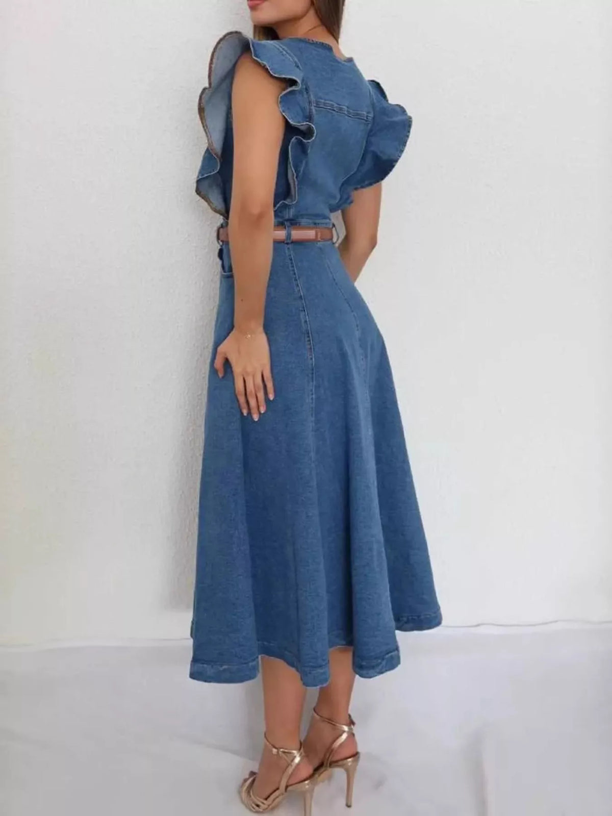 Ruffled Button-Front Denim Dress in Blue