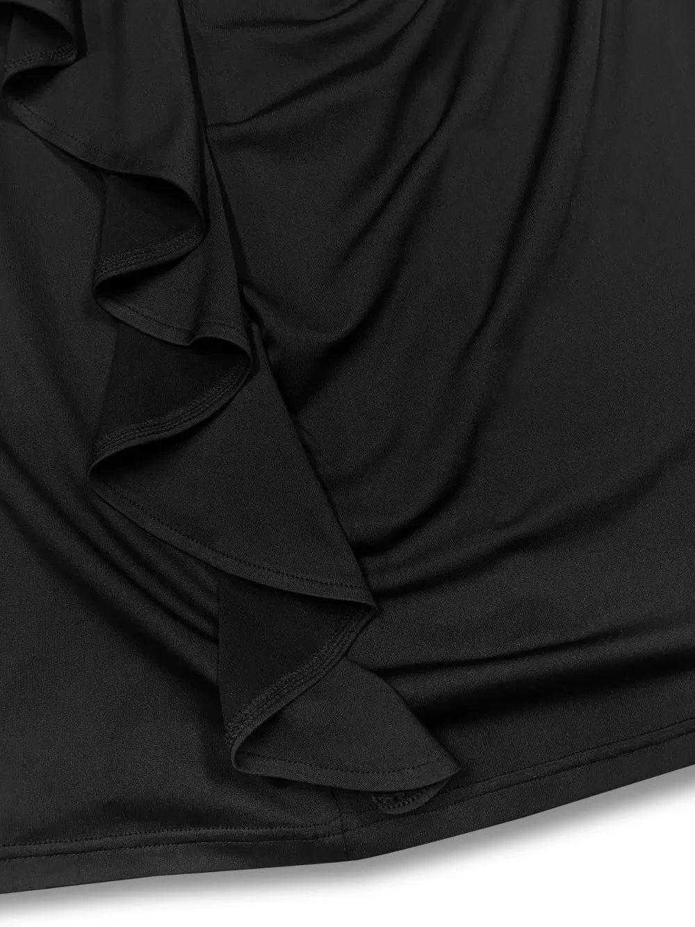 Ruffle Trim Round Neck Long Sleeve Dress in Black