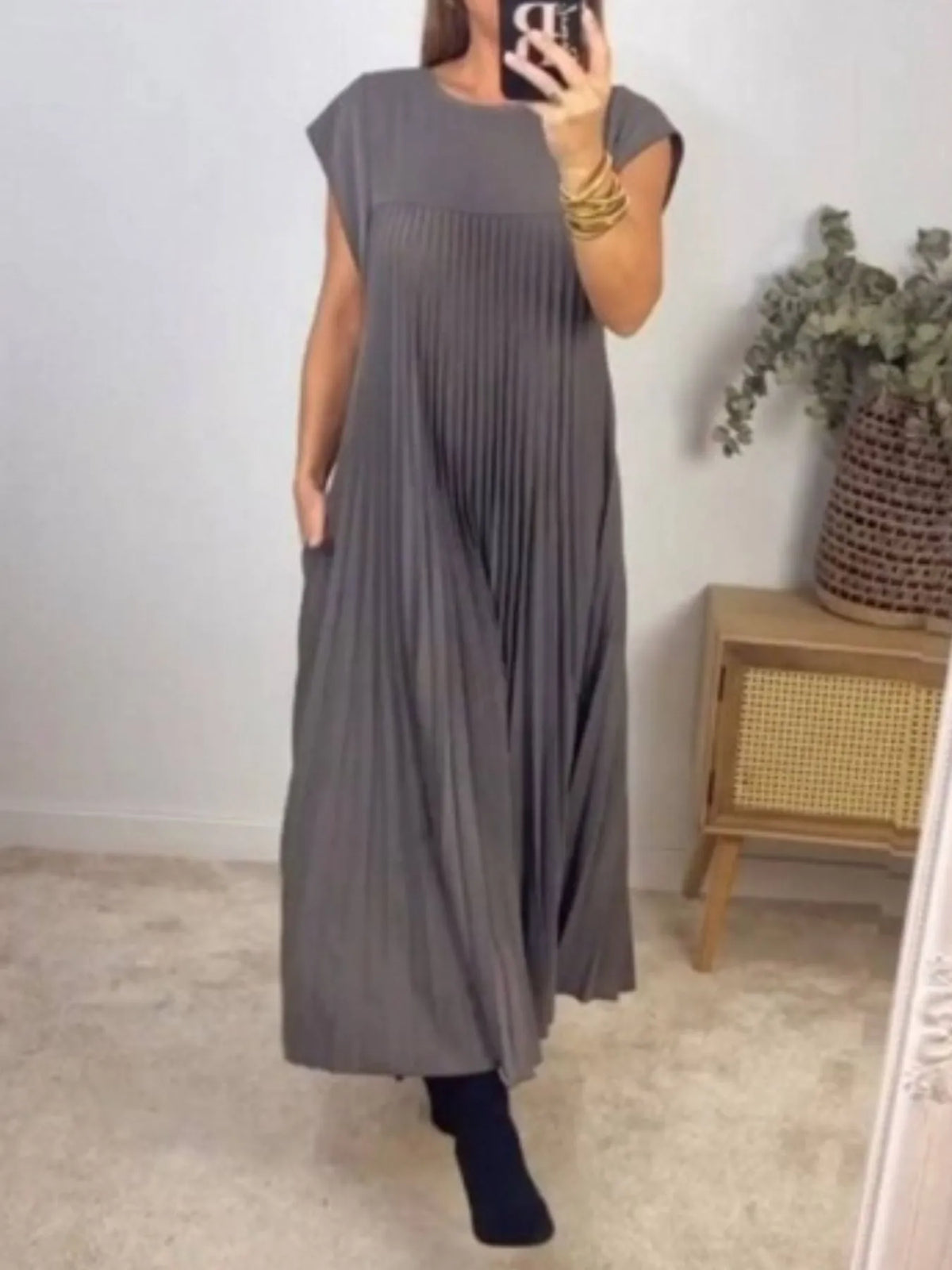 Pleated Round-Neck Maxi Dress with Pockets, Plus Size by Rosaline