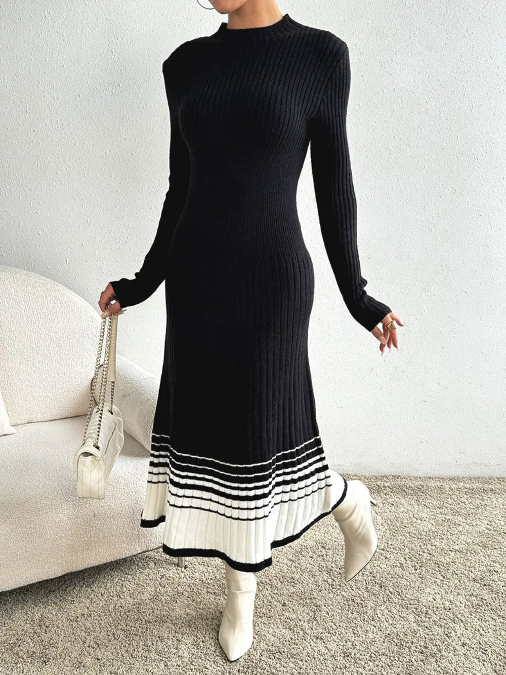 Mock Neck Sweater Dress in Black