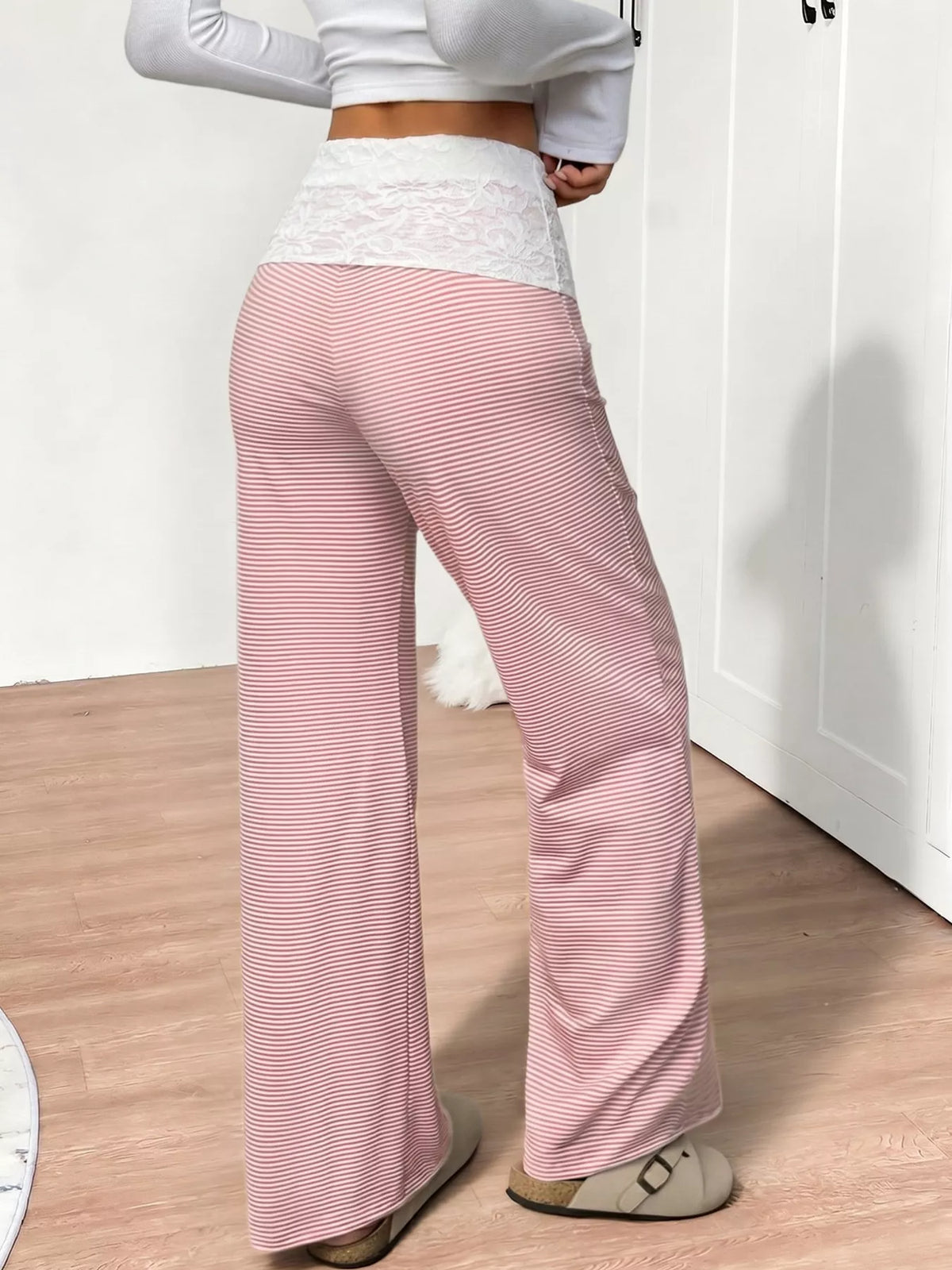 Lace Detail Striped Pants in Pink