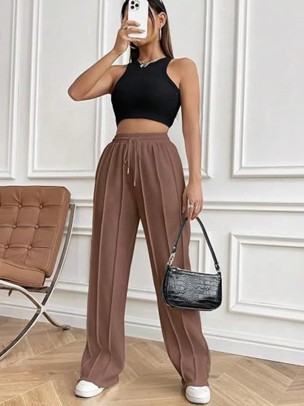 Drawstring Wide Leg Pants with Pockets by K&L
