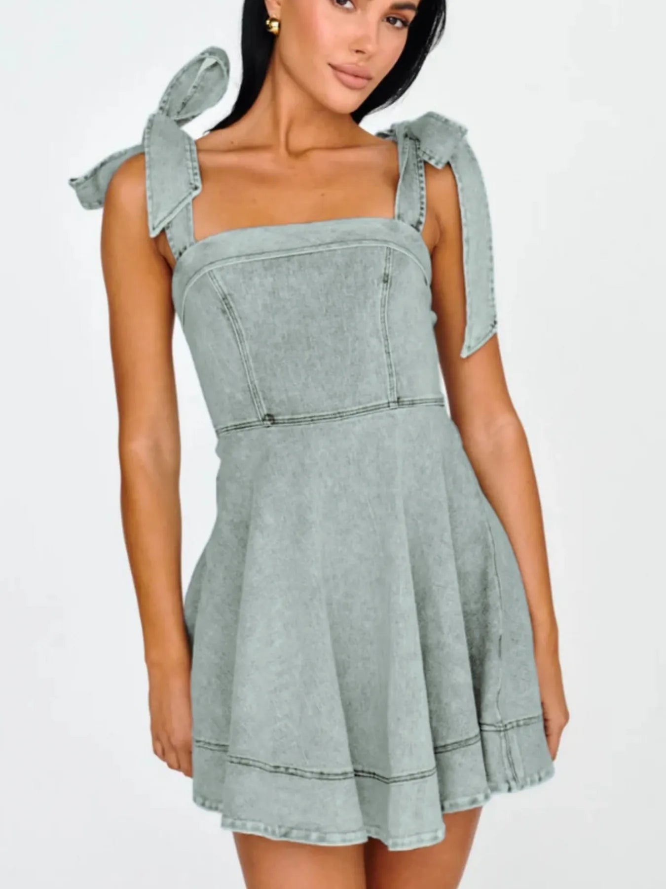 Bow-Shoulder Square Neck Denim Mini Dress in Light Blue