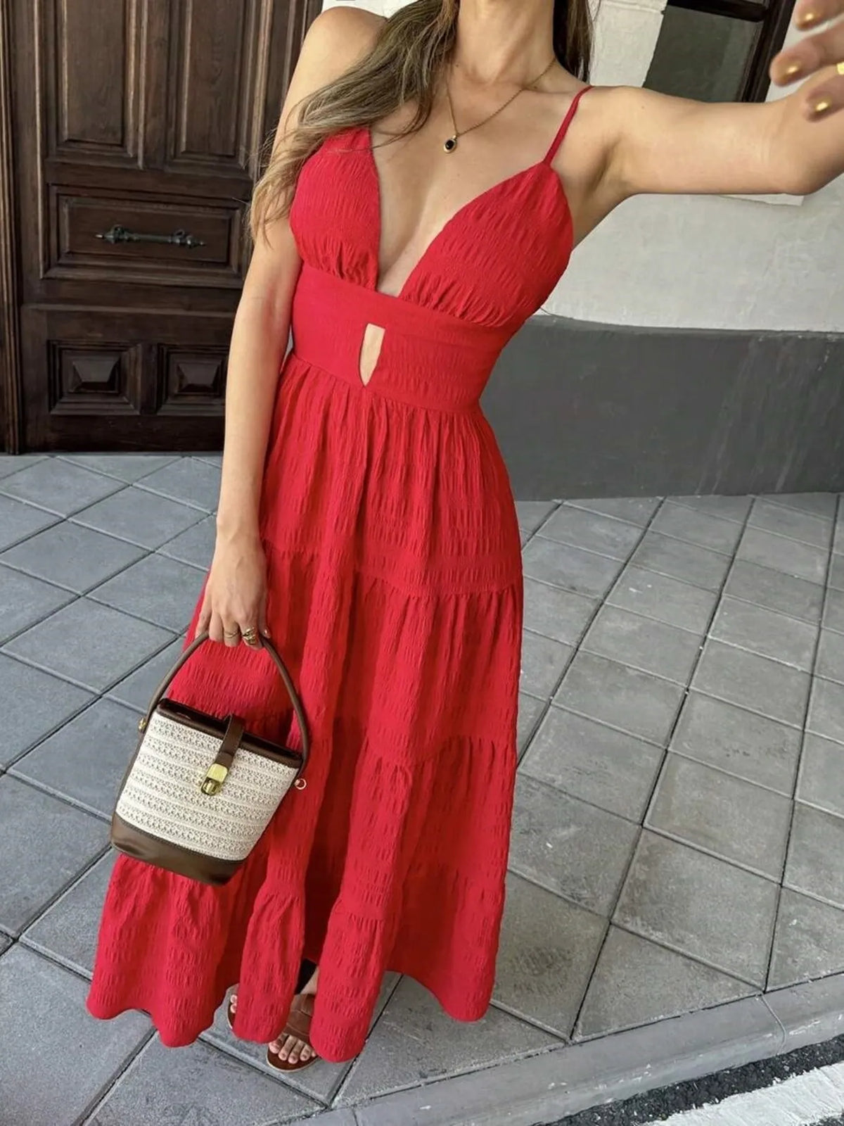 Tiered Maxi Dress with Cutout Detail in Red