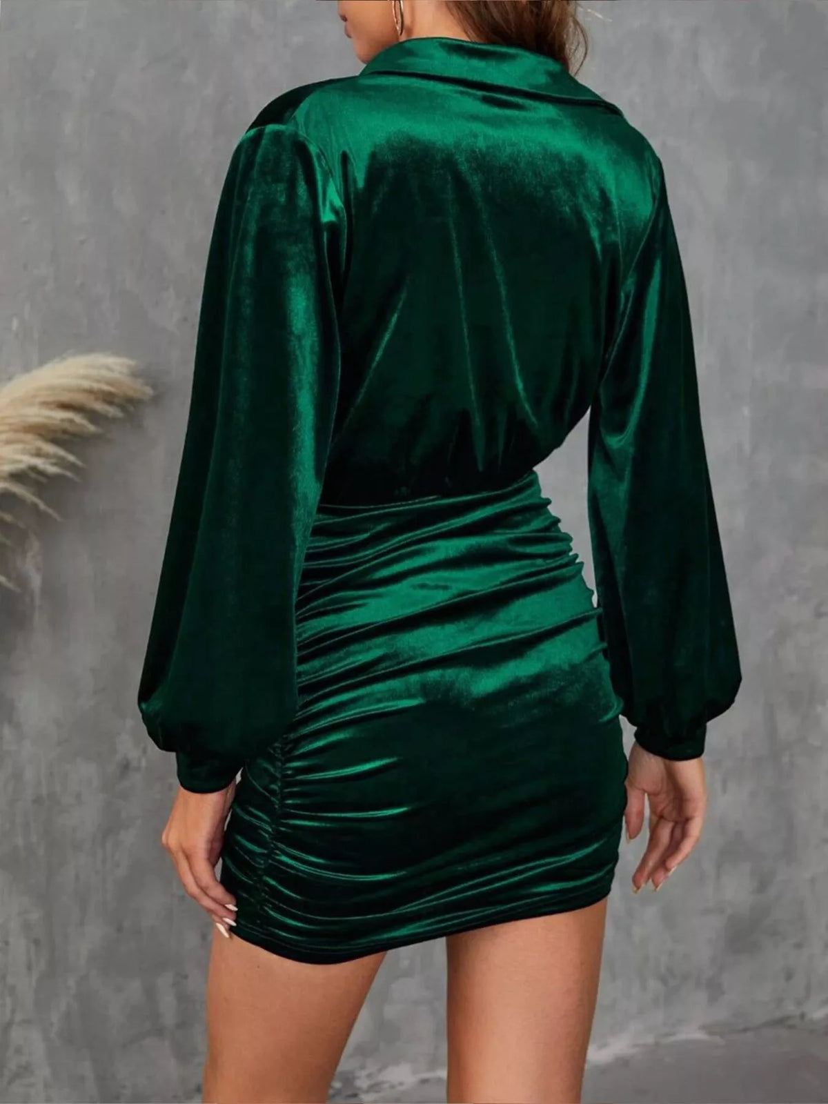 Velvet Cowl Neck Ruched Mini Dress in Dark Green