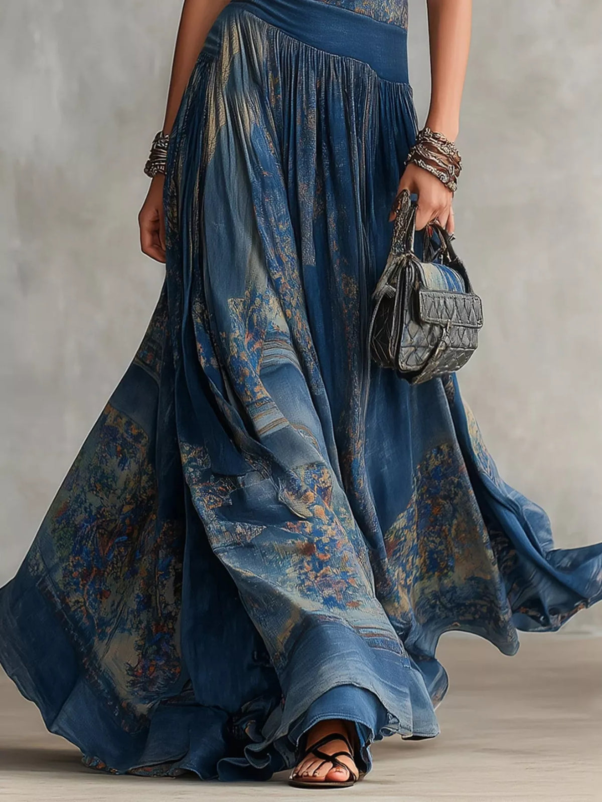 Asymmetrical Print Maxi Dress in Dusty Blue by Yvette