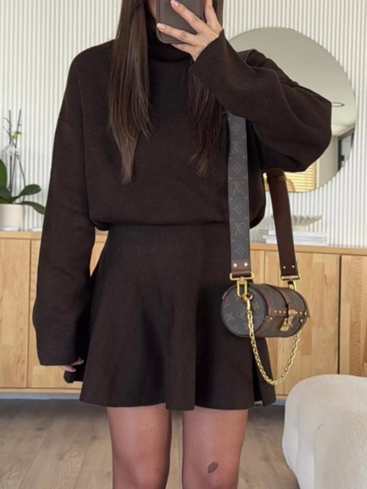 Mock Neck Knit Top and Flared Skirt Set