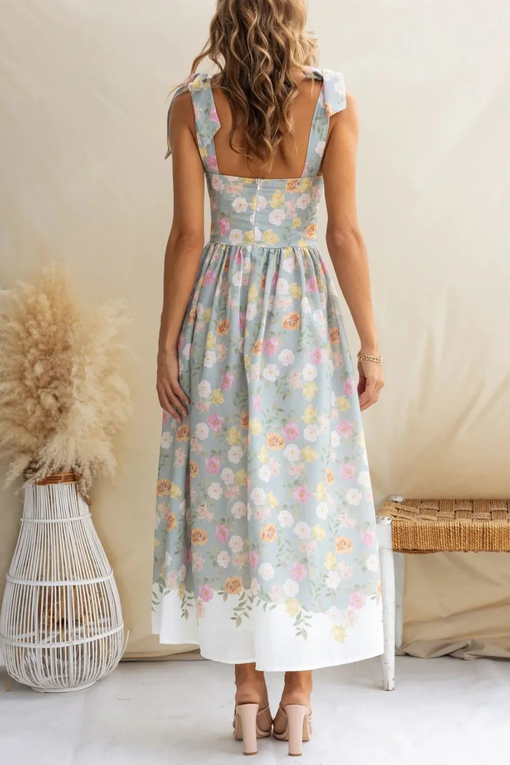 Printed Tie-Shoulder Midi Cami Dress