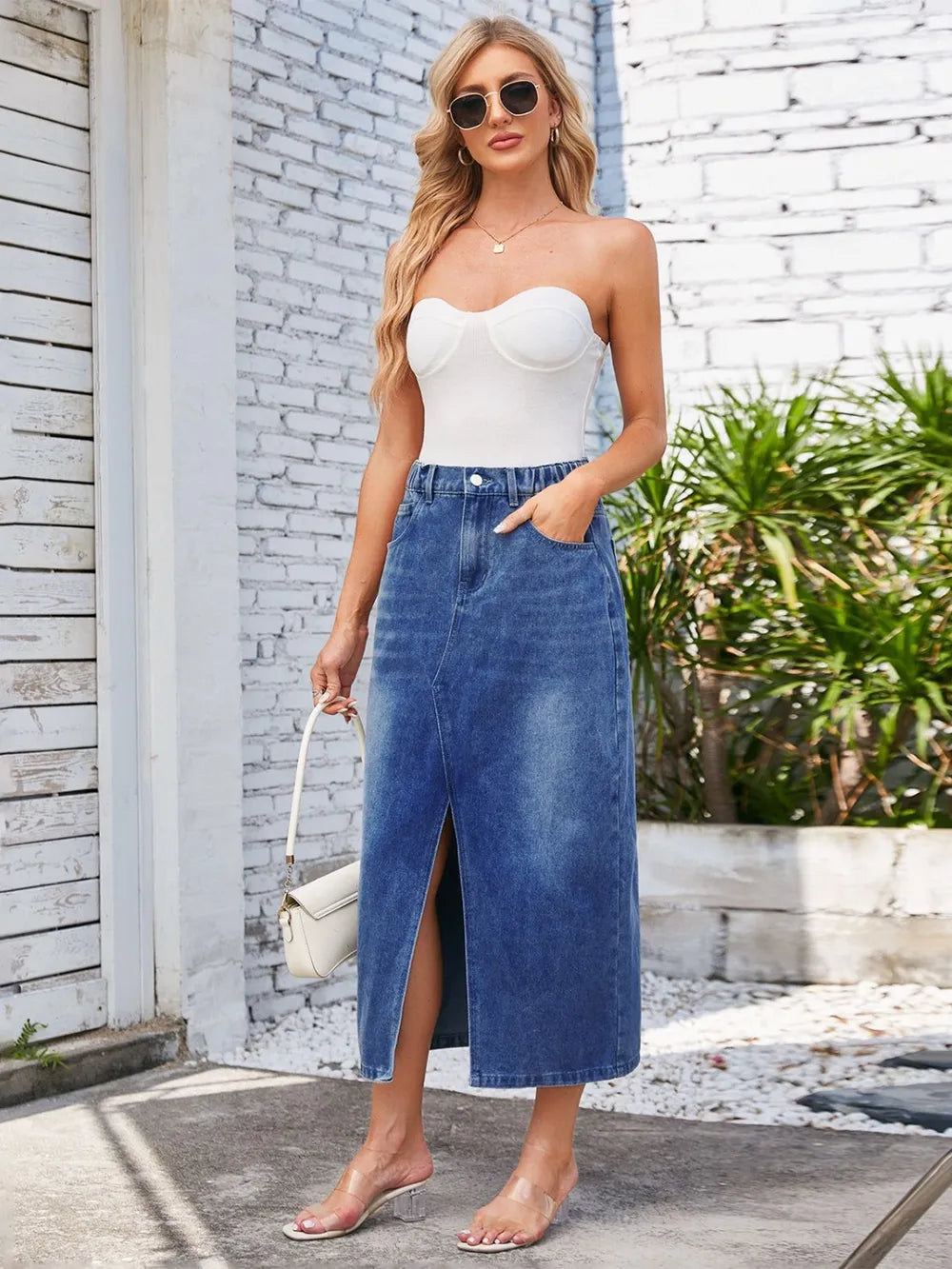 Slit Midi Denim Skirt with Pockets by Manny