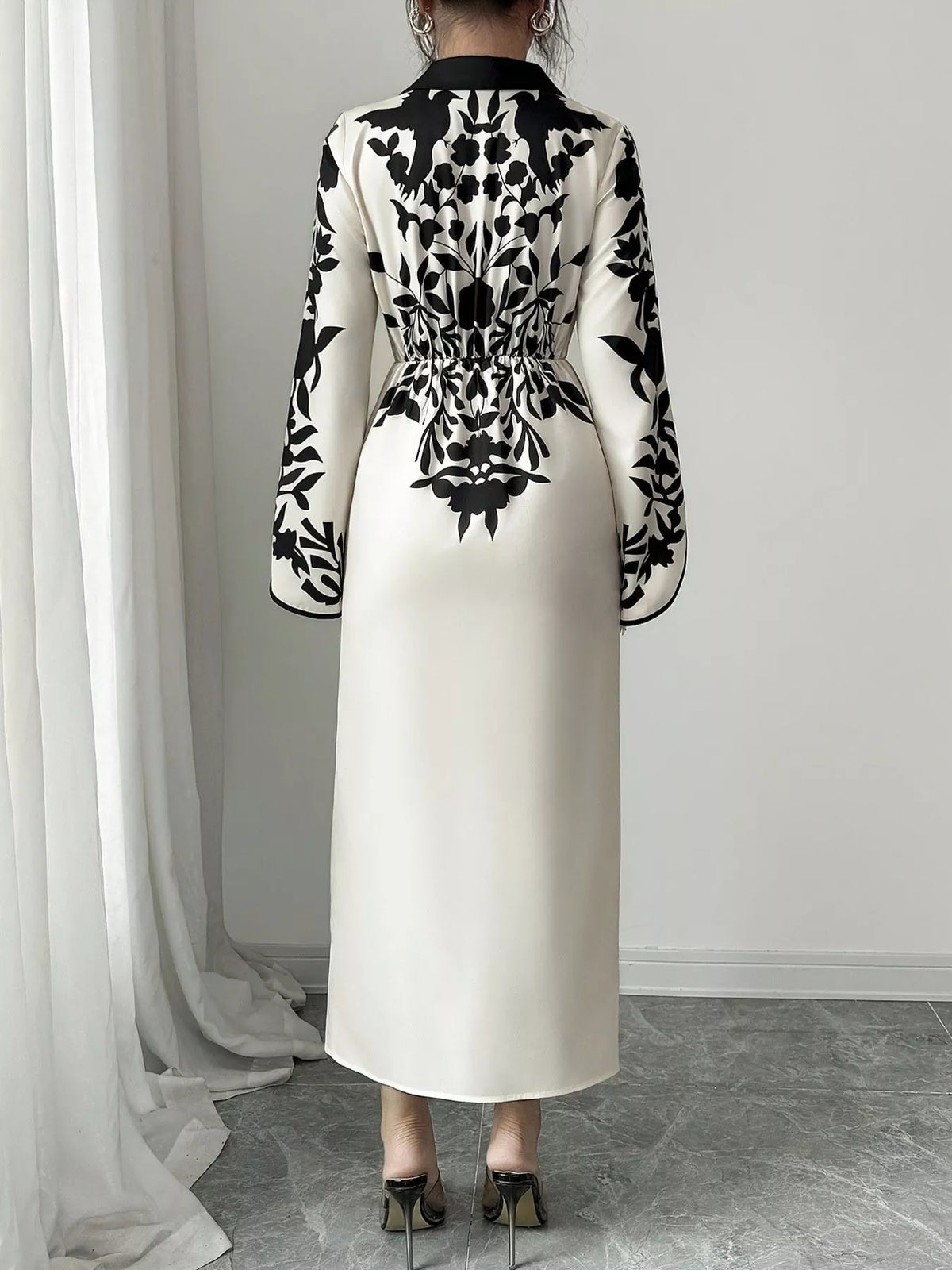 Slit Long Sleeve Wrap Midi Dress in White/Black