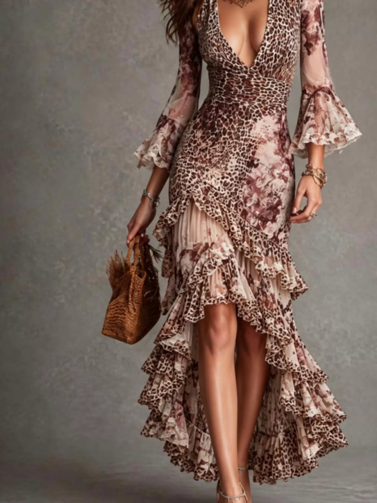 Leopard Print High-Low Ruffle Hem Maxi Dress in Dusty Pink