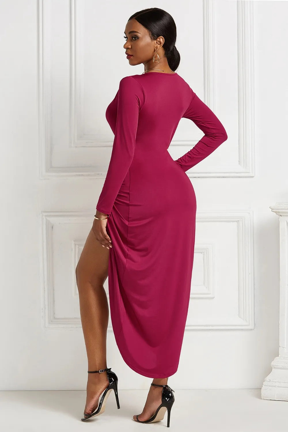Ruched Surplice Long Sleeve High-Low Dress