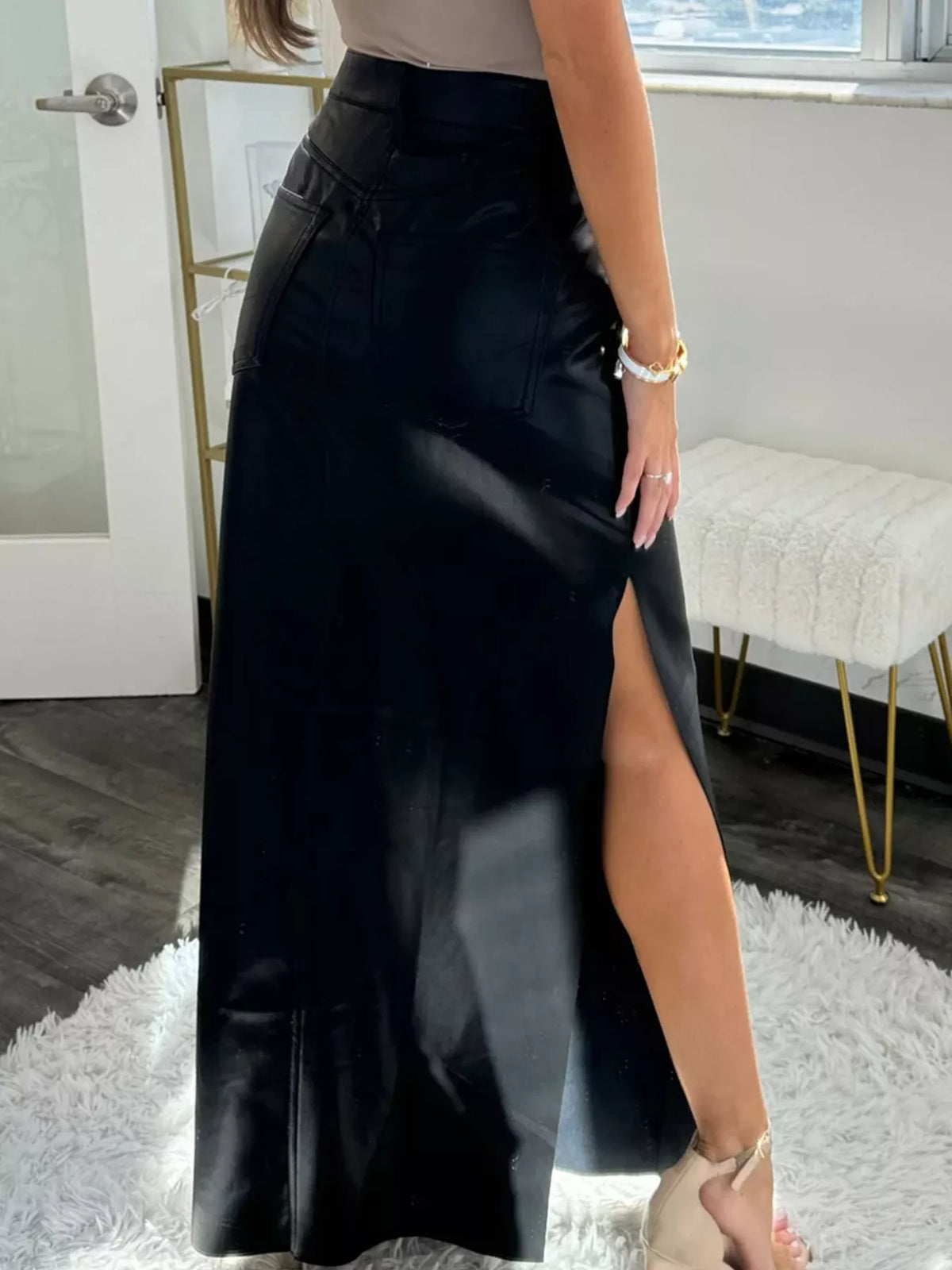 Faux Leather High-Waist Maxi Skirt in Black