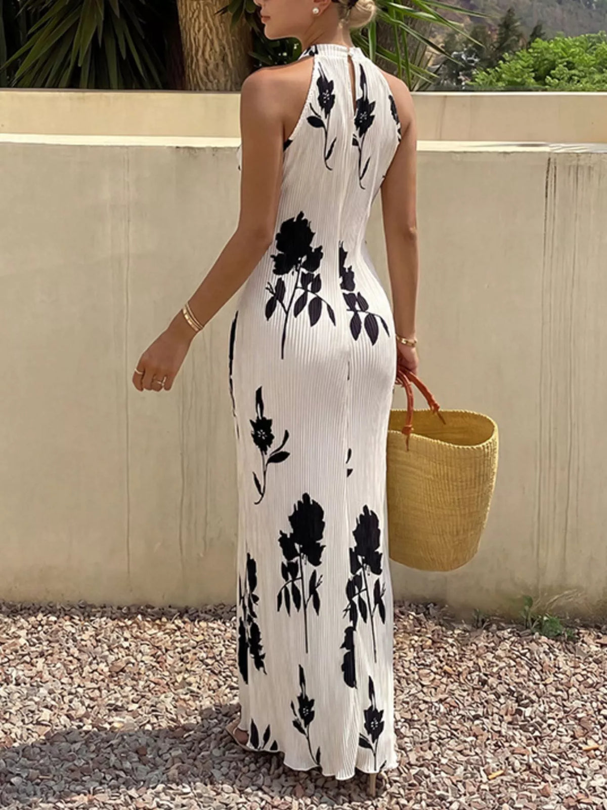 Floral Print Halter Neck Maxi Dress in White