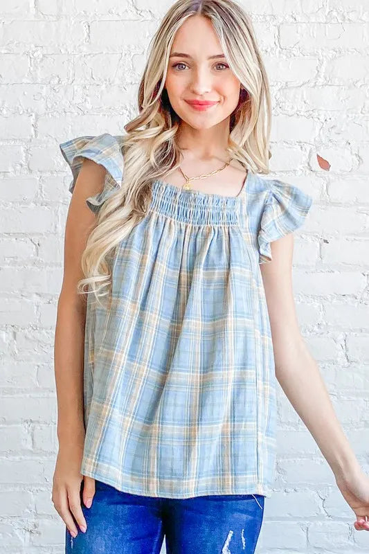 And The Why Plaid Ruffle Baby Doll Top in Blue