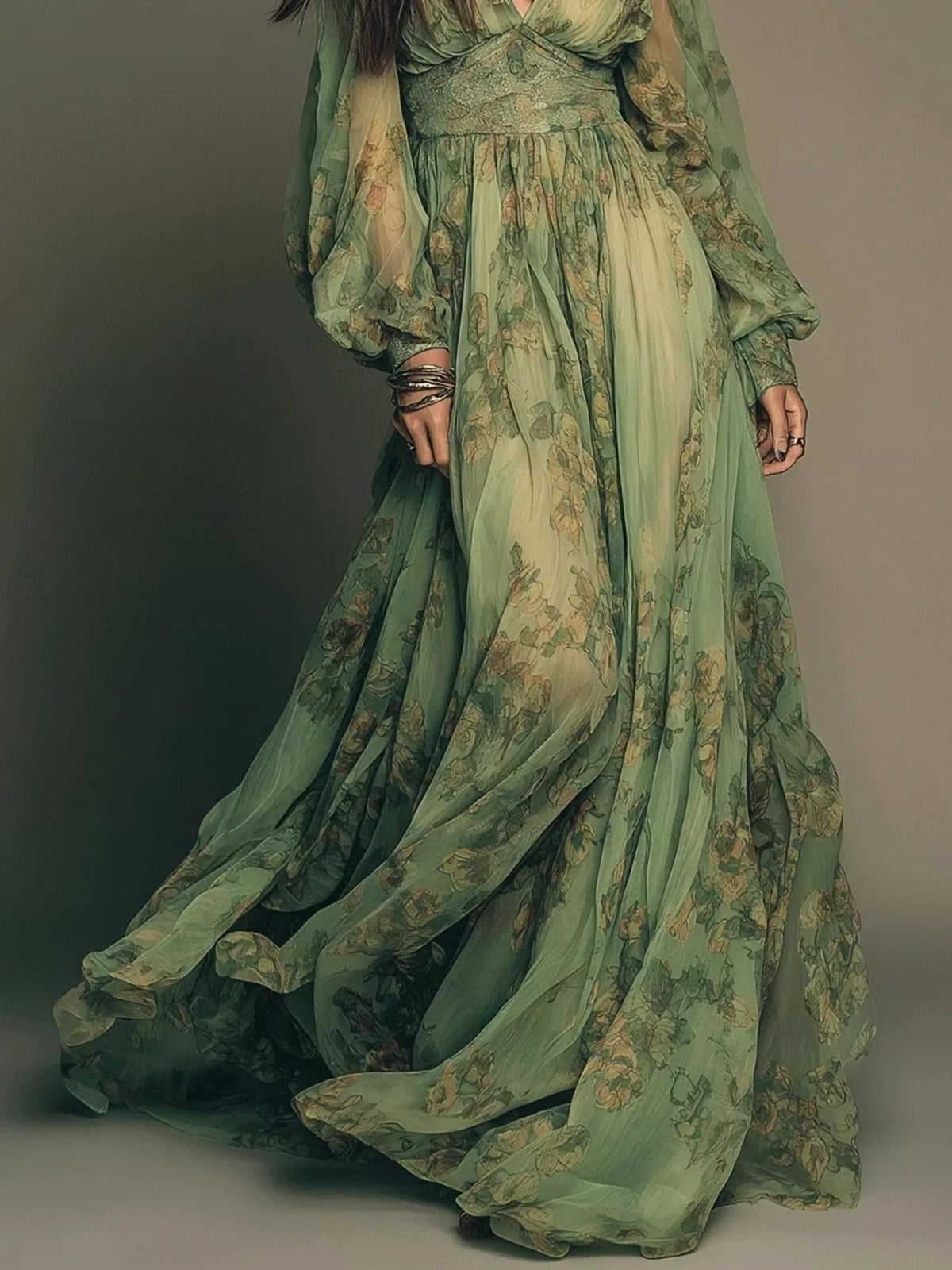 Floral Print Sheer Maxi Dress in Moss by Yvette