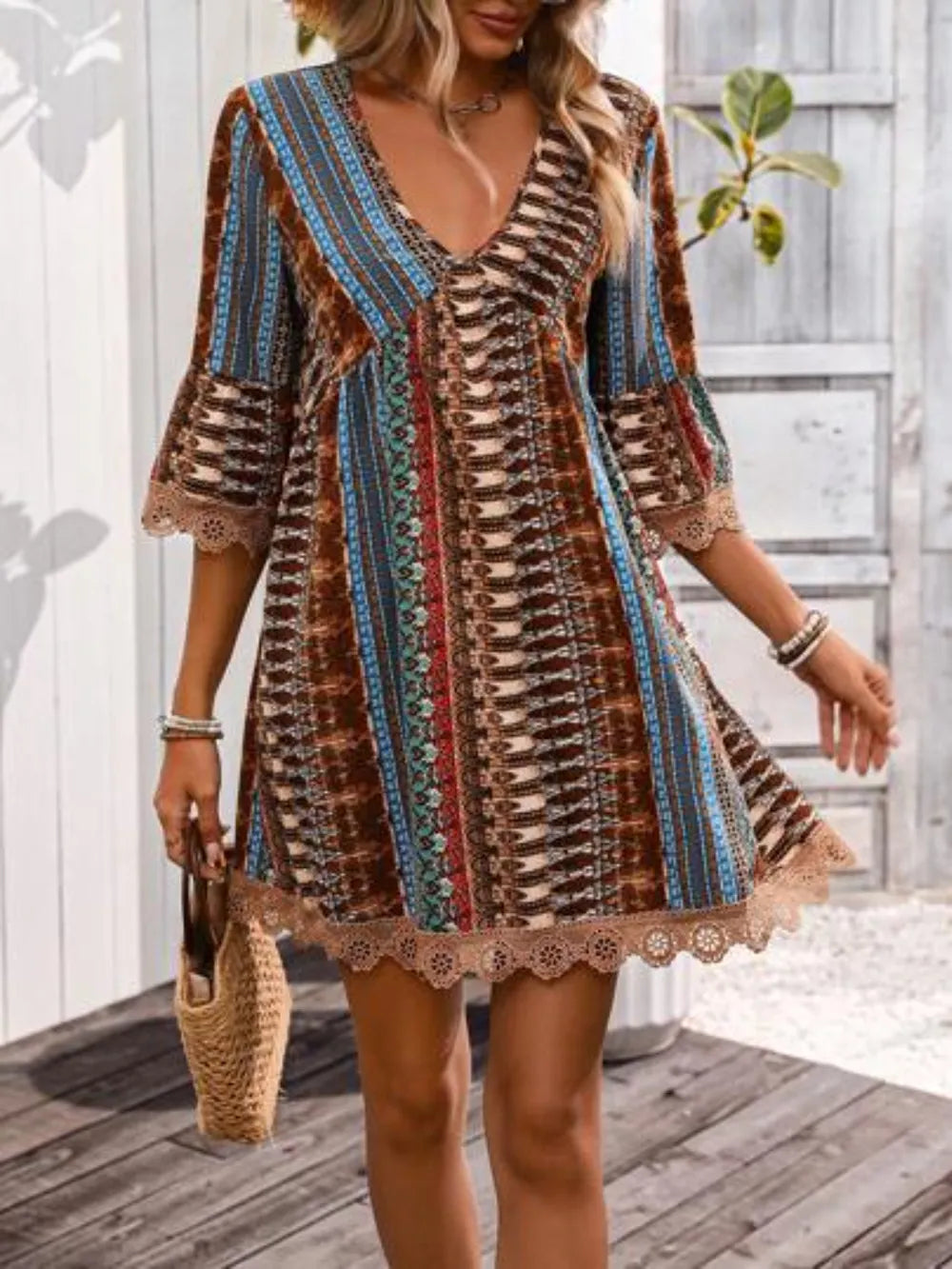 Lace-Trim Printed V-Neck Dress