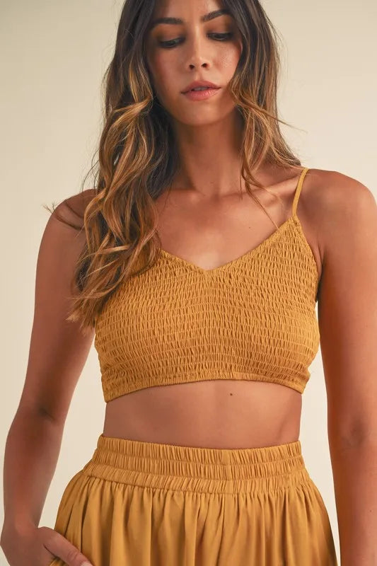 Smocked Bralette Crop Top & Wide Leg Pants Set in Gold Mustard