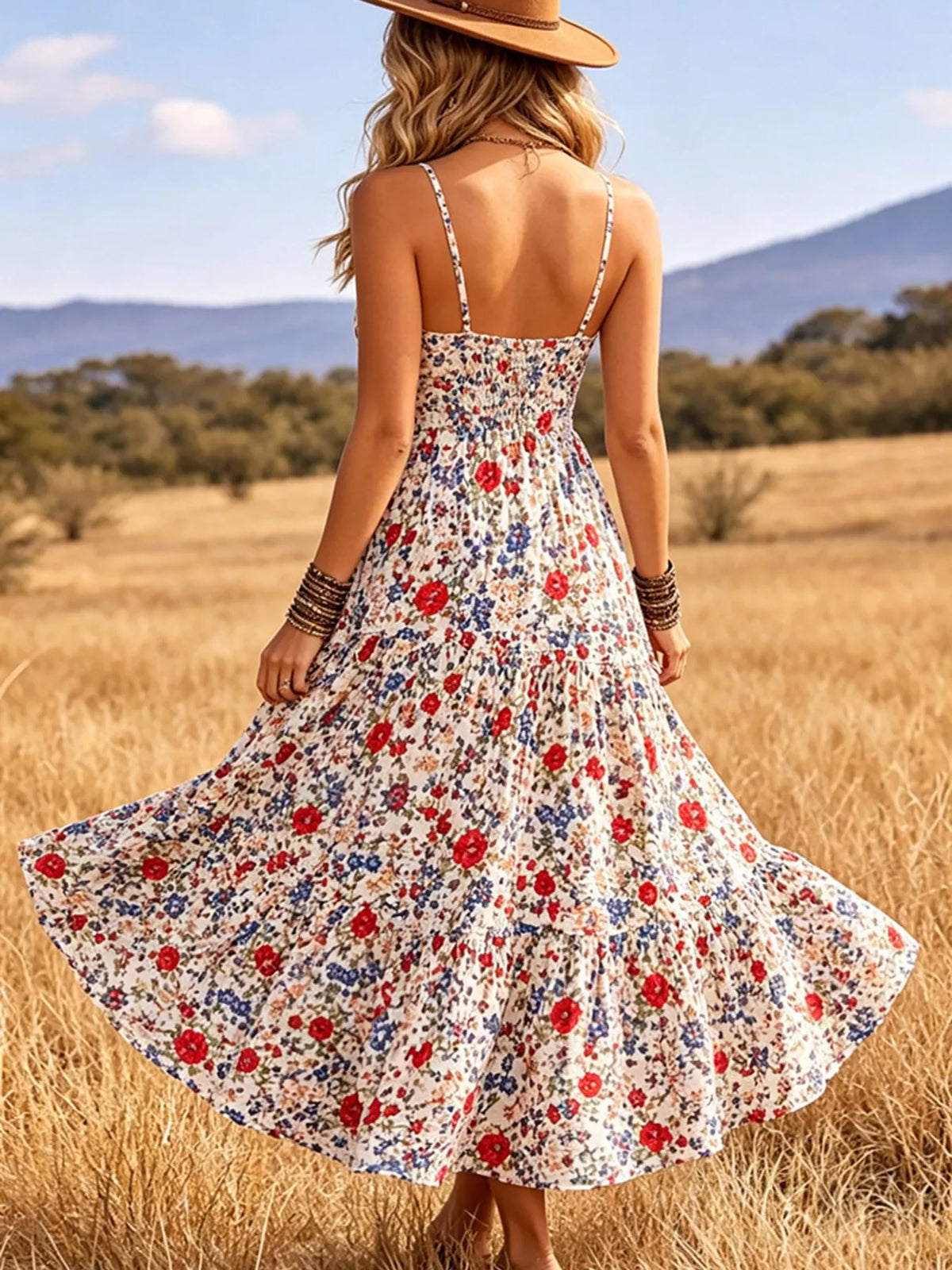 Floral Print V-Neck Tiered Midi Dress