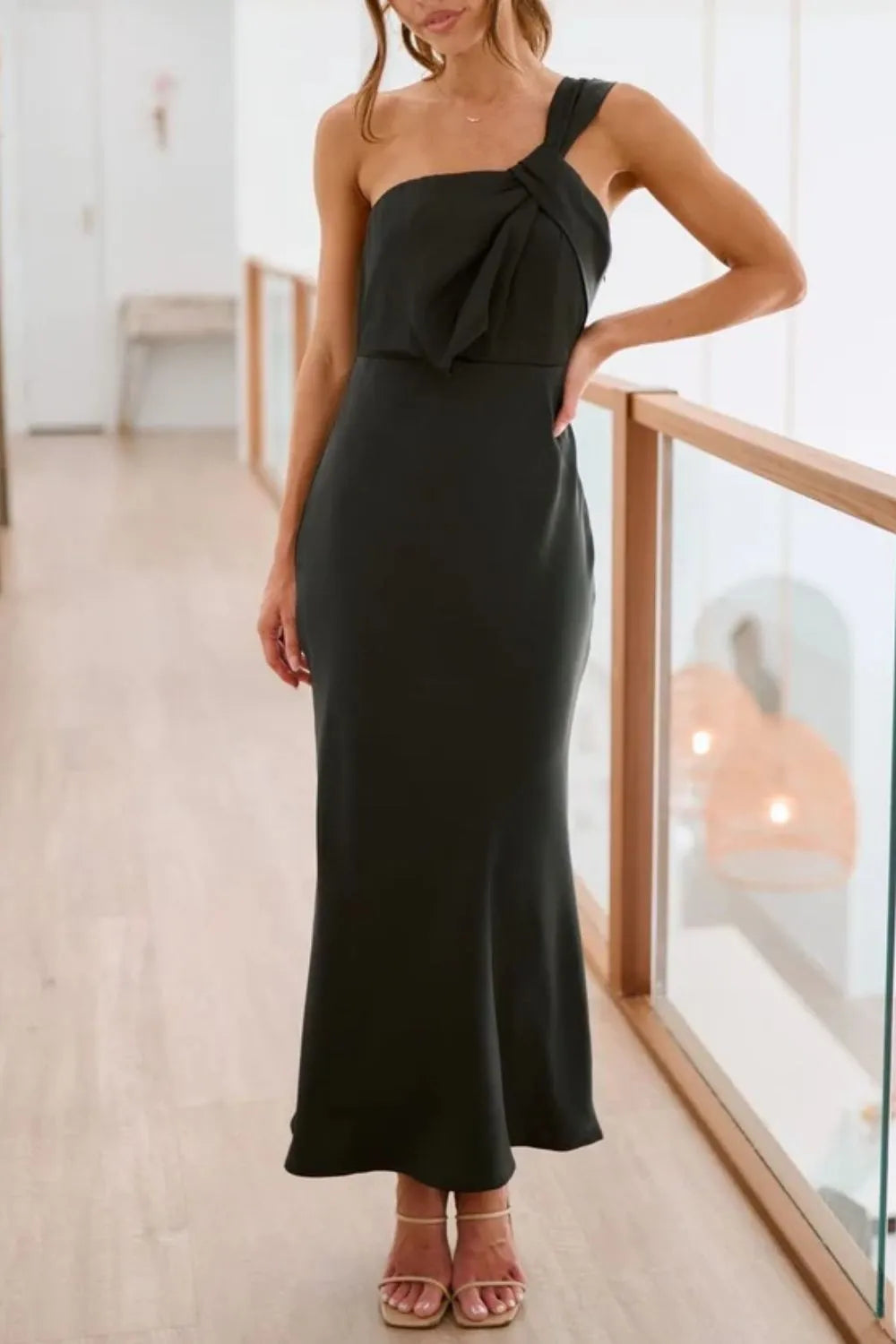 Twisted Single Shoulder Maxi Dress in Black