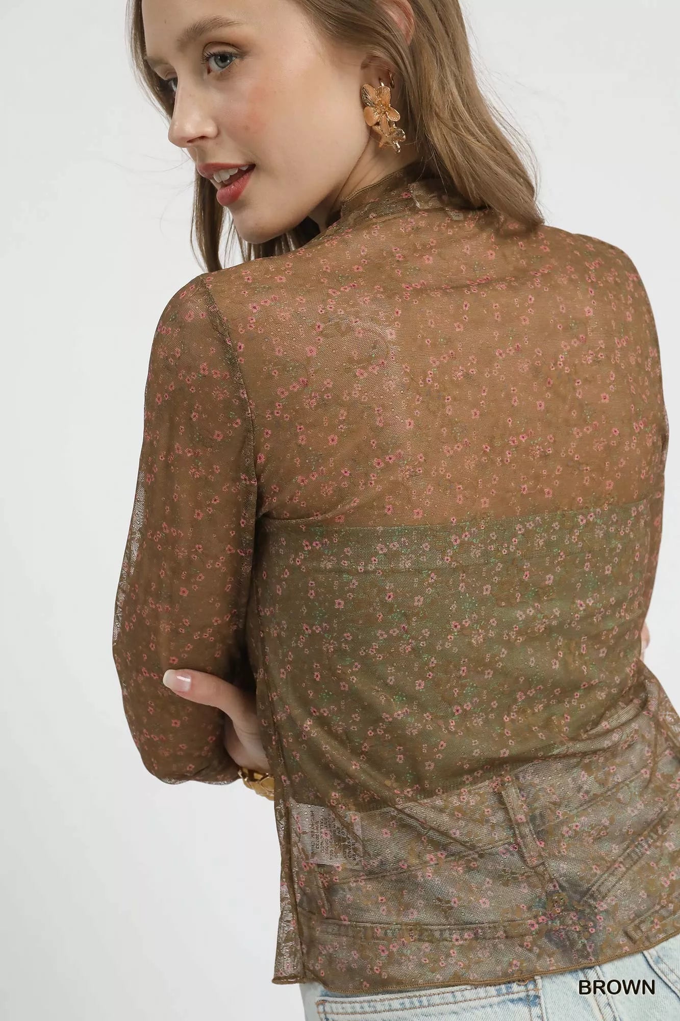 Umgee Lace Mesh Long Sleeve Top in Brown