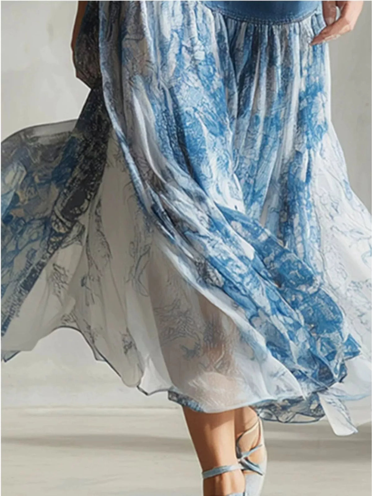 Denim-Paneled Floral Skirt in Blue