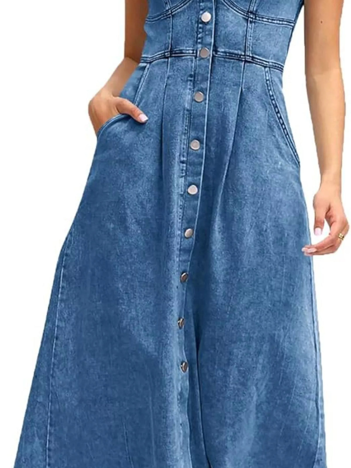 Smocked Back Button-Front Denim Midi Dress