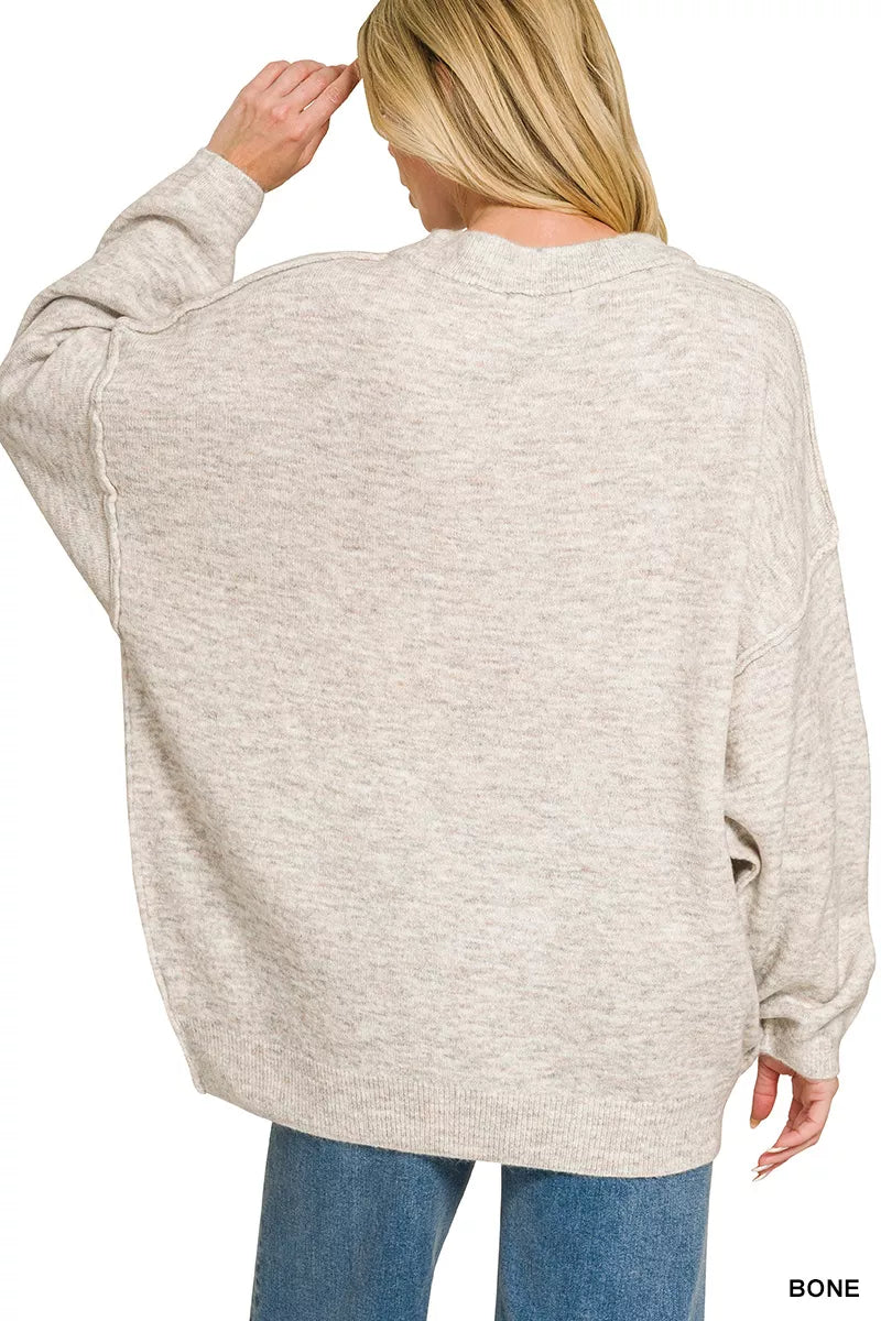Zenana Oversized Exposed Seam Melange Sweater in Bone